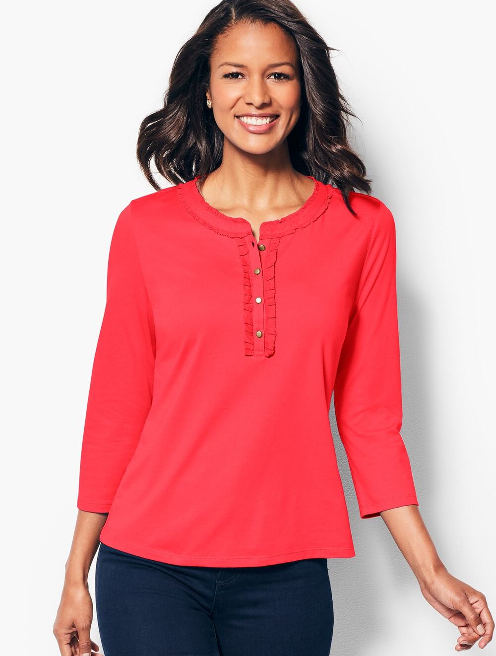 TALBOTS Red Button Down Ruffle Feminine Henley Tee // XS Petite